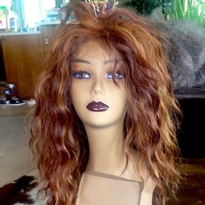 Curly blonde red highlight wig